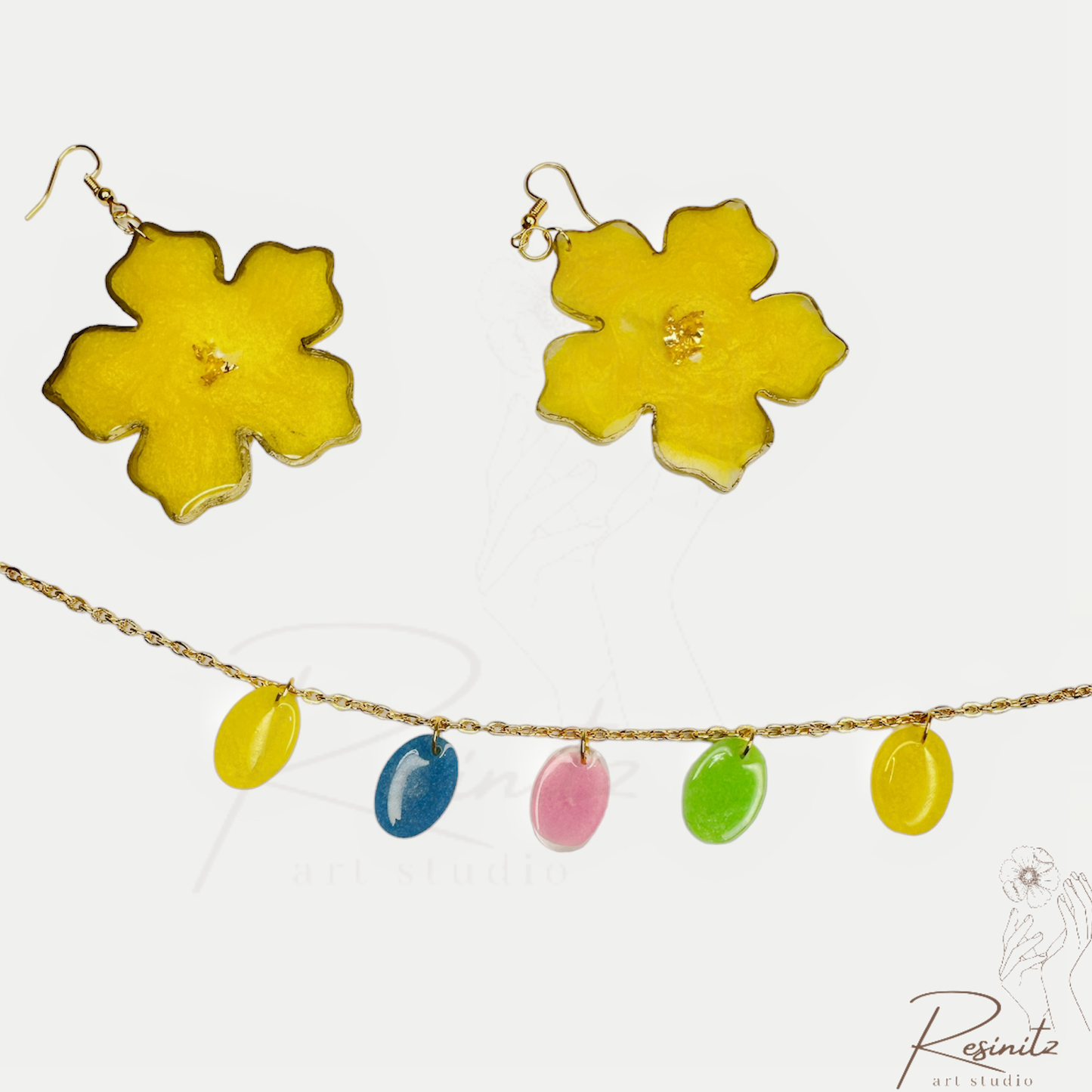 Neon choker style neckpiece with flower earring