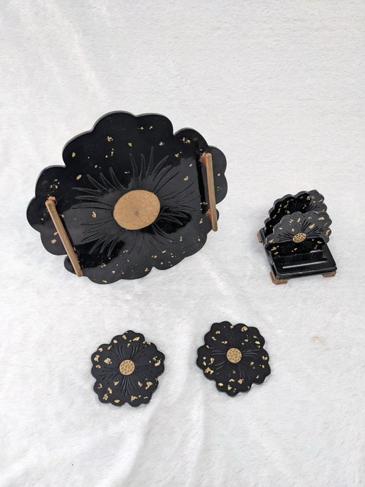 Black Flower Resin Tray with coasters & stand