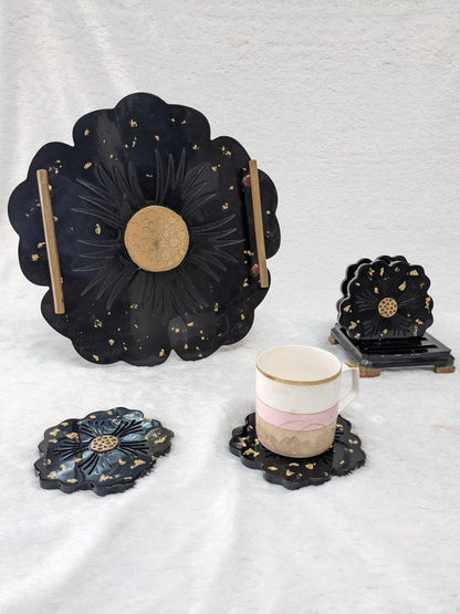 Black Flower Resin Tray with coasters & stand