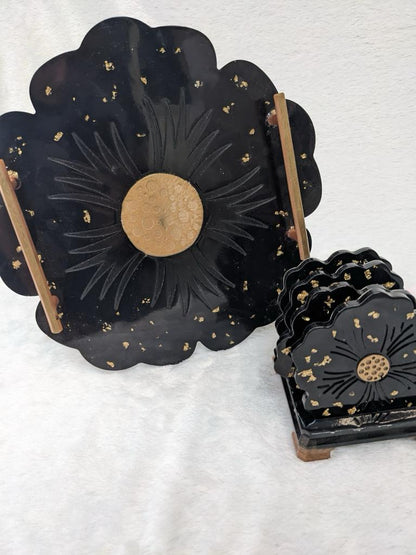 Black Flower Resin Tray with coasters & stand