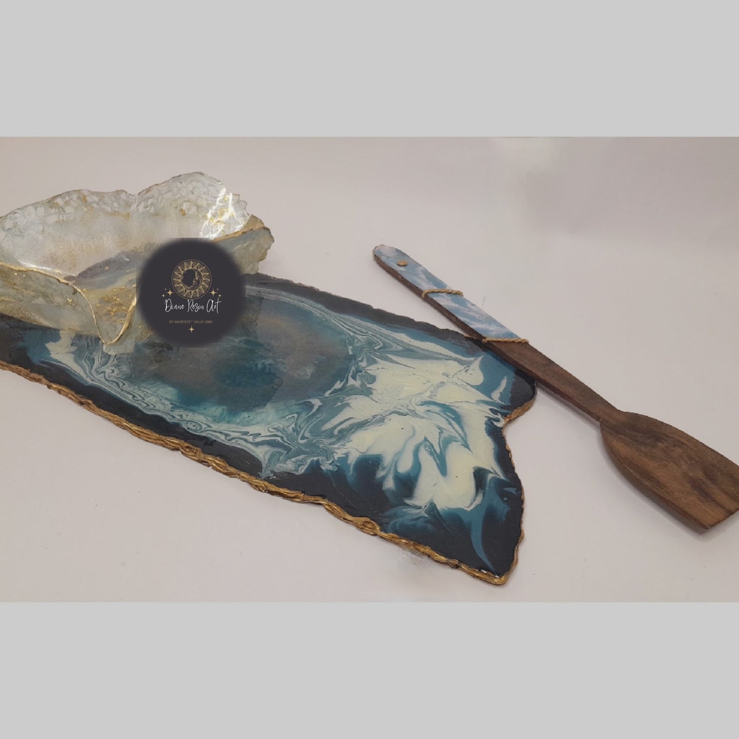 agate cheese platter with spatula and resin bowl