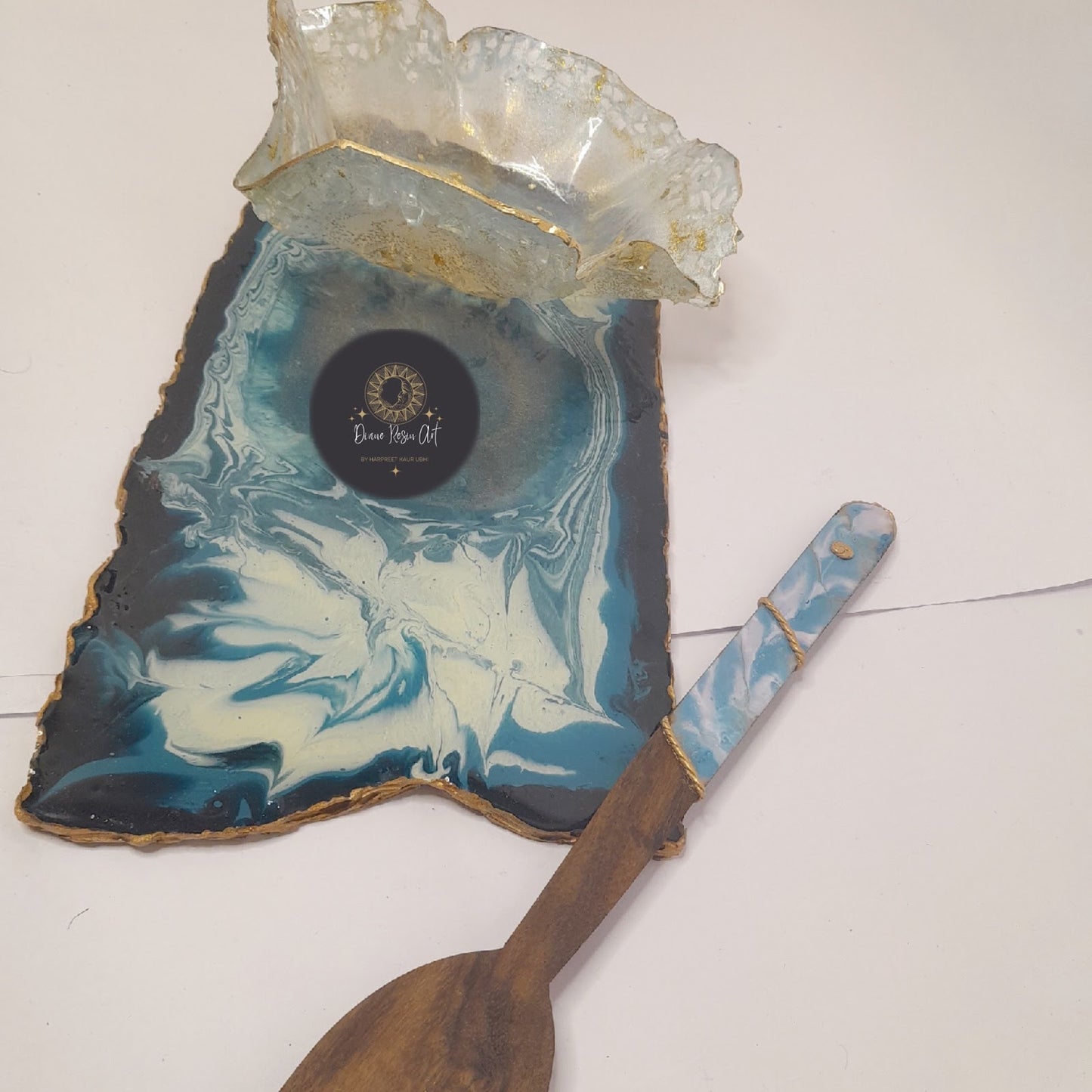 agate cheese platter with spatula and resin bowl