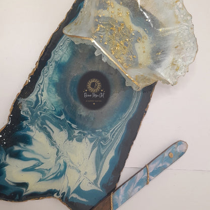 agate cheese platter with spatula and resin bowl