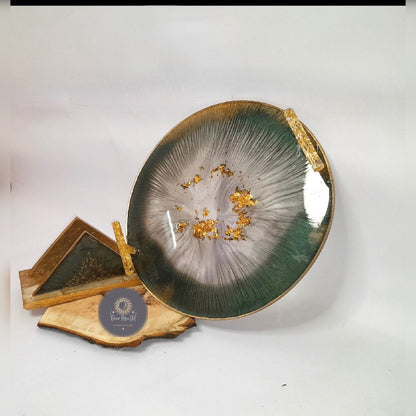 green resin tray and pressed sea shell base napkin holder